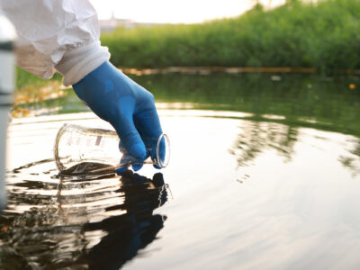 PFAS testing in river water. A person wearing a white coat and blue glove holds a beaker beneath the surface of lake water.